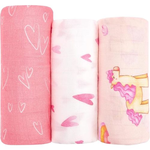 hahaland Muslin Swaddle Blankets Bamboo - 3-Pack, 1 Large (47" x 47") & 2 Standard (38" x 40") - Breathable Silky Soft Receiving Blankets Swaddles for Newborns Baby Girl Gifts Newborn Essentials, Pink