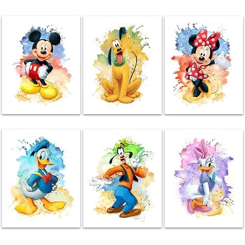 Gwency Design Mickey Mouse Watercolor Poster Set of 6 – Vintage Cartoon Wall Art for Kids Room, Nursery, Playroom, or Living Room – Unframed 8x10 Prints