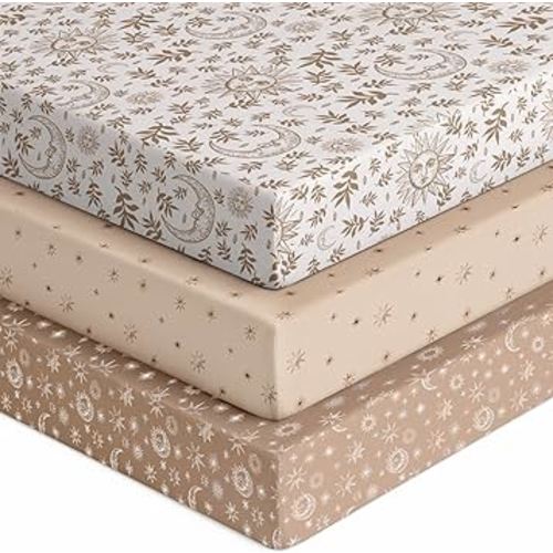 Baby Crib Sheets for Boys Girls, 28x52x8in Fitted Crib Sheet Neutral 3 Pack for Standard Crib and Toddler Mattress, Breathable Soft Microfiber Baby Sheet White Brown Sun God