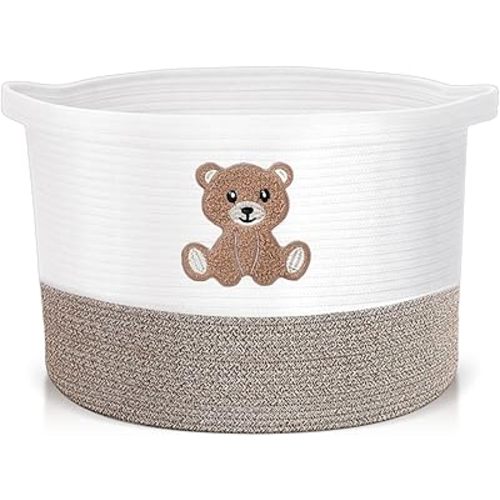 LemonRoad Extra Large Basket 20"x14", Woven Baby Laundry Blanket Basket Toy Box with Handle Storage, Blanket Storage for Living Room Nursery Pillows Chest(Cotton Rope,Cute Bear,Brown)