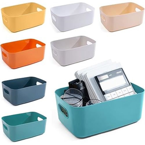 OWill 7-Pack 7.2 L Plastic Storage B-ins and Baskets for Efficient Home Classroom Organization - Small Containers in Multiple Colors for Kitchen, Cupboard Box, Bathroom Organizer on Shelves and Tubs