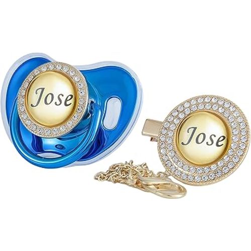 Custom Name Bling Pacifier & Clip Set – Personalized Binky for Baby Shower, Newborn Keepsake for Photos (Metallic Blue)