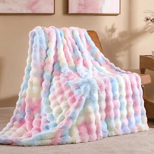 Smoofy Faux Rabbit Fur Throw for Couch - Rainbow Bubble Blanket 60"x80"