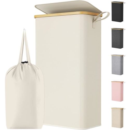Lifewit 75L Slim Laundry Hamper with Lid, Narrow Laundry Basket with Removable Bag & Bamboo Handles, Fodable Thin Dirty Clothes Hamper for Laundry Collapsible Bin for Bathroom Bedroom Dorm, White
