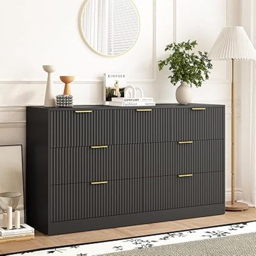 7 Drawers Dresser for Bedroom,55" Wide Fluted Dresser with Deep Drawers, Modern Chest of Drawers, Wood TV Stand Storage Organizer for Closet, Living Room, Hallway, Black