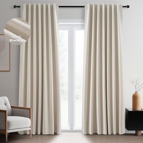 Topfinel 80 Inch Long Linen Blackout Curtains 2 Panels Set for Bedroom Back Tab Rod Pocket Pleated Boho Farmhouse Room Darkening Curtains for Sliding Glass Door,Cream Ivory, 52x80 in Length