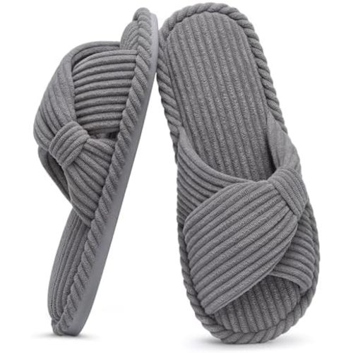 Evshine Fall House Slippers for Women Corduroy Cross Bow Indoor Slippers Open Toe Slip On Bedroom Shoes with Memory Foam