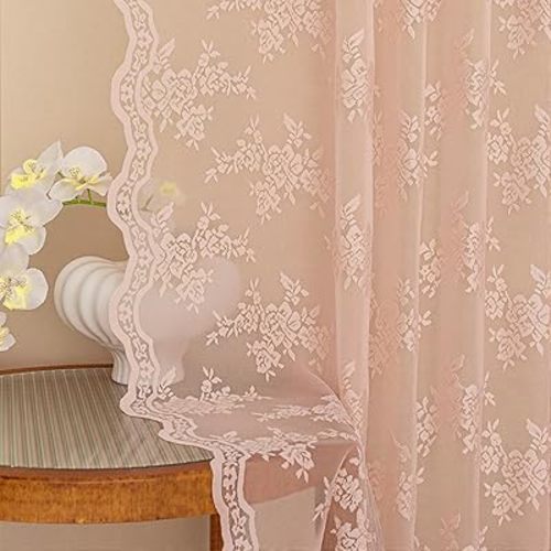 MEETSKY Pink Lace Curtains 84 Inch Long, Sheer Pink Curtain for Girls Room, Floral Patterned Vintage Light Filtering Curtains for Bedroom Princess Room, Lace Drapes 2 Panels, Each Panel 50W x 84L