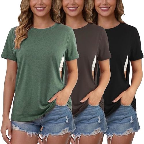 Ecavus Women's 3-Pack Nursing Shirts for Breastfeeding with Hidden Zippers Loose Fit Maternity Tops