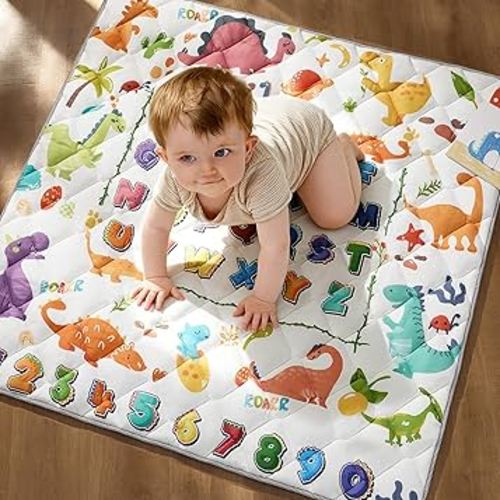 Baby Play Mat for Floor - MORAIS 50x50 Inch with 800g Cotton Filling Thickened Crawling Mat for Playpen, Cushioned Playpen Mat with Anti-Slip Bottom and Animal Alphabet (Dinosaur Land)