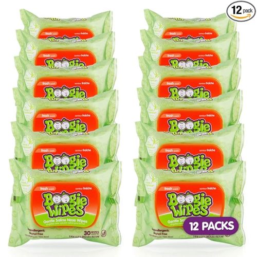 Boogie Wipes Gentle Saline Nose Wipes - 360 Count - Fresh Scent, Hypoallergenic & Alcohol-Free - Allergy Relief - Made with Natural Saline, Aloe, Chamomile & Vitamin E - Diaper Bag Essential