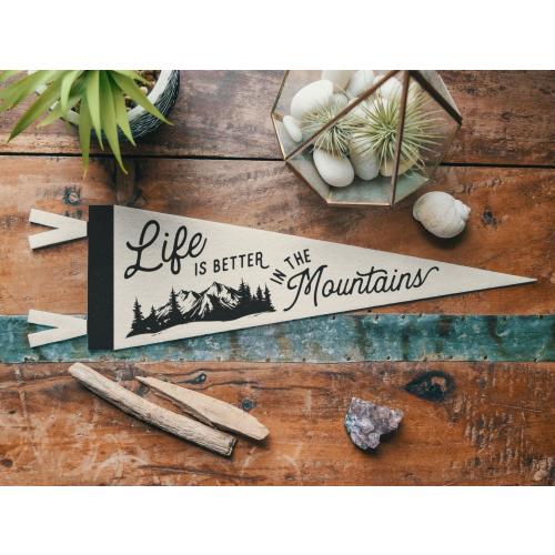 Life is Better in the Mountains Felt Pennant | Vintage Camp Banner, Inspirational Rustic Home Decor, Easy Living Retro Art, Outdoors Gift