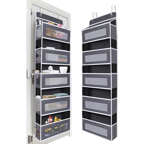 Over The Door Organizer 44LB Capacity with 5 Large Pockets & 10 Mesh Side Pockets, Clear Window Anti-Tilt Hanging Storage for Nursery, Bathroom, Pantry - Dark Grey, 1 Pack