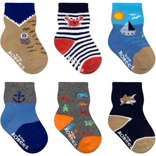 Robeez Baby Boys & Girls Unisex Slip-Resistant Crew Socks for Infant and Toddler, 6 Pairs, 0-24 Months