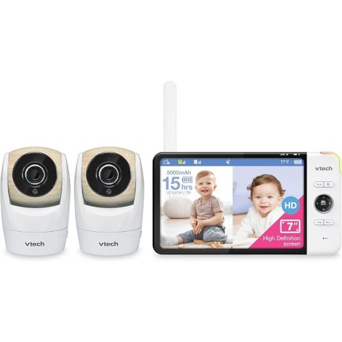VTech Baby Monitor with 2 Cameras, No WiFi Secure Transmission – 7" 720p HD Screen, Split Screen, 360° Pan Tilt Zoom, Night Vision, 1000ft Range | VM919-2HD