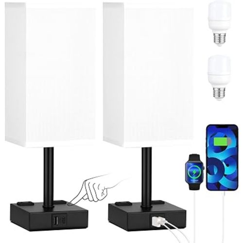 White Touch Lamps Set of 2 for Bedroom - Dimmable, USB C+A, 2 AC Outlets