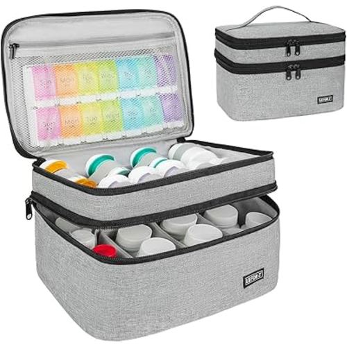 Medicine Storage Bag,Double Layers Pill Bottle Organizer Bag Empty with Lockable Zipper&Adjustable Divider,Medication Travel Carrying Bag for Pills,Vitamins,Medical Supplies,Grey