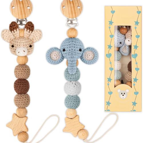 Pacifier Clip, 2 Pack Pacifier Holder for Boys and Girls, Cute Deer Handmade Knitted Christmas Pacifier Clip Fits for Most Pacifier, Baby Teethers, Baby Shower and Baby Gift(Elephant&Deer)