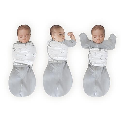 Amazing Baby Omni Swaddle Sack for Newborn, Transitional Swaddle Sack with Wrap & Arms Up Sleeves & Mitten Cuffs, Easy Transition Swaddle Sleep Sack for Better Sleep, Gray Stars, Small, 0-3 Months