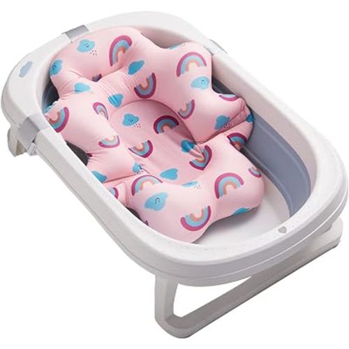 3D Breathable Mesh Baby Bath Pillow Stable Support for Newborns Adjustable Strap Soft Polyester Material (Pink Rainbow)