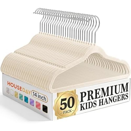 HOUSE DAY 14 Inch Kids Velvet Hangers 50 Pack, Durable Big Kid Hangers for Youth, Non Slip Kids Felt Hanger, Cute Childrens Hanger for Closet, Beige