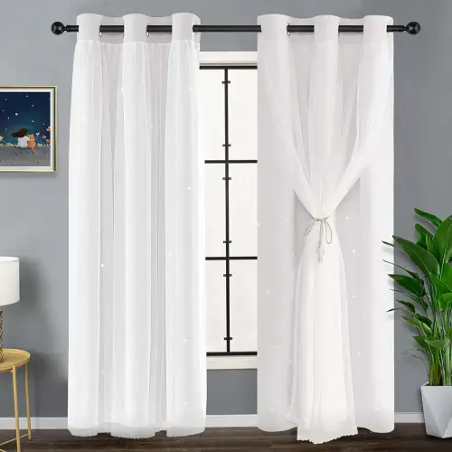Kinryb White Star Cut-Out Window Curtains Double Layer Thermal Insulated Light Blocking Blackout Curtains White Sheer with Blackout Curtains for Nursery Greyish White 42W x 72L 2 Panels