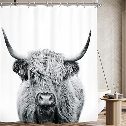 AMBZEK Highland Cow Shower Curtain 72Wx84L Inch Bull Western Country Farmhouse Cattle Animal Wildlife Extra Long Large Funny Cute Farm Gray White Art Fabric Bathroom Decor Set with 12 Pack Hooks