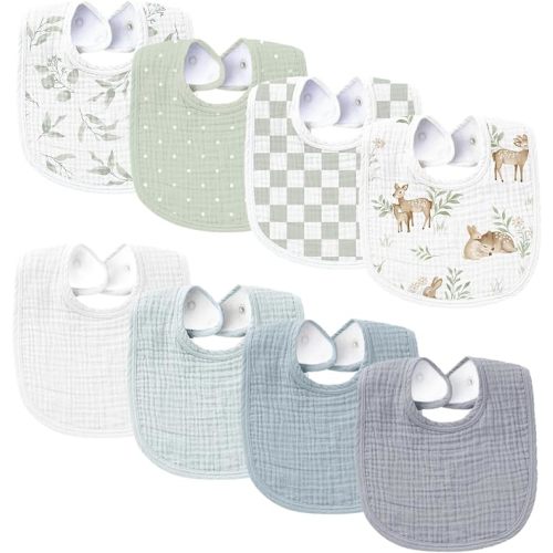 Konssy 8-Pack Muslin Baby Bibs, Adjustable Fit for Drooling and Teething | Soft Absorbent, Drool Bibs for Baby Boys Girls, Cotton Front with Fleece Backing, Newborn to Toddler 0-36M