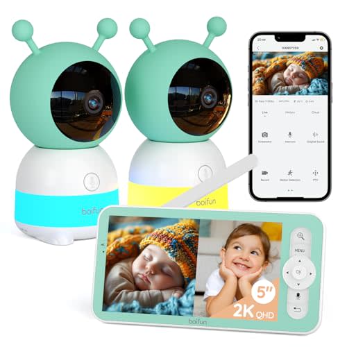 Boifun 2K Wifi Baby Monitor with 2 Cameras, Soothing Night Light, APP & 5" Split-screen Control, Motion/Cries/Noise/Customizable Alarm Zones Detect, Auto Tracking, PTZ, Humidity&Temperature Monitoring