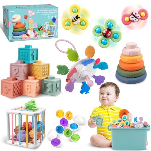 Weilim Baby Toys for 6 to 12 Months, Montessori Sensory Bins & Teething Toys, 6 in 1 Stacking Blocks, Rings, Eggs, Spinner, Crab Shape, 27 Pieces, Ages 6-36 Months