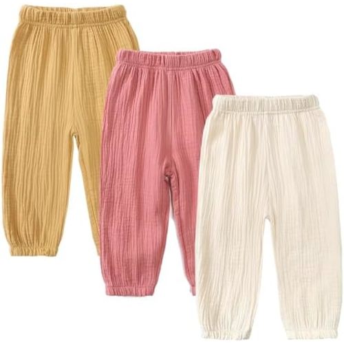 GFQLONG Toddler Baby Girls 3 Pack Elastic Waist Pants Soft Cotton Linen Harem Bloomers Summer Fall Long Pants