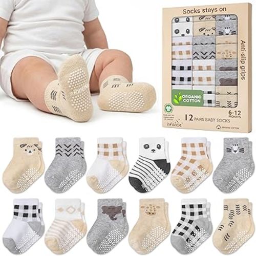 GOTS Certified Organic Cotton Rich Blend Baby Socks 12 Pairs For 6-12 (M) Baby Boy Soft, Stretchable & Comfortable Newborn Premium Cotton Socks Gift for Little Ones, Brown