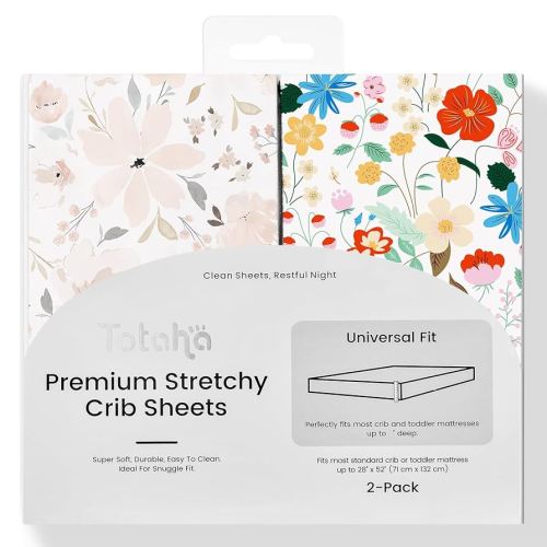 TotAha Floral Crib Sheets 2-Pack, Hypoallergenic, Silky Comfort, Buttery Soft, Calming Effect, All-Season Jersey-Knit Pink Flower Baby Sheets, Premium Stretchy 9'' Extra Deep Pocket