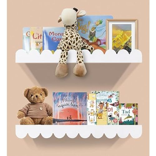 Floating Nursery Book Shelves, Scalloped Shelves for Kids Room 20 Inches, Nursery Bookshelf for Wall Set of 2, Nursery Shelves for Wall Wood, White