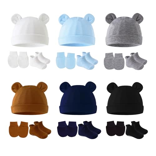 ZURLEFY Cotton Ears Baby Hats Mittens with Socks Set Unisex, No Scratch Mittens and Beanie Cap for Infant Toddler Newborn