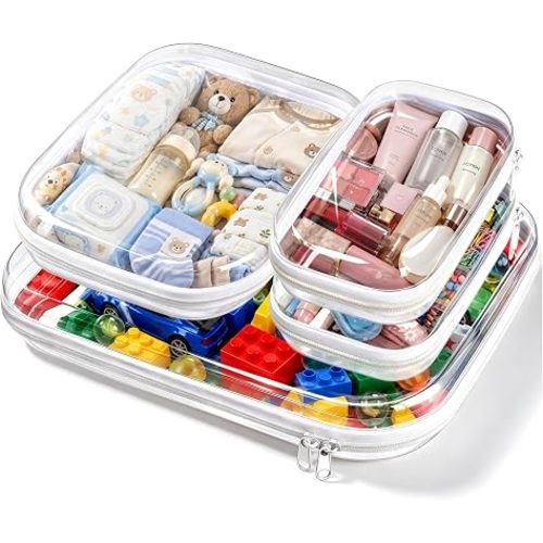 4 Pack Clear Hard Shell Zipper Case Diaper Bag Organizer Pouches Toiletry Bag for Travel Hard Plastic Zipper Case Waterproof Makeup Organizer Clear Zipper Pouch Toy Storage Bins XL+M+2S