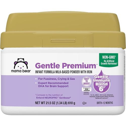 Amazon Brand - Mama Bear Gentle Premium Baby Formula Powder, DHA for Brain Support, Gentle Immune Blend 6, 2'FL HMO, For Fusiness, Crying & Gas, 21.5 oz, 1.34 pound (Pack of 1)