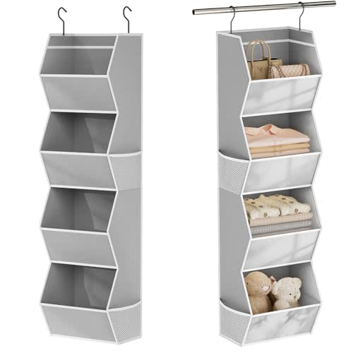 Hanging Closet Organizer 4 Shelf Collapsible Bedroom Closet Organizers and Storage Hanging with Mesh Pockets for Clothes, Fabric Hanging Storage Bins for Wardrobe Closet Organization and Storage, Grey