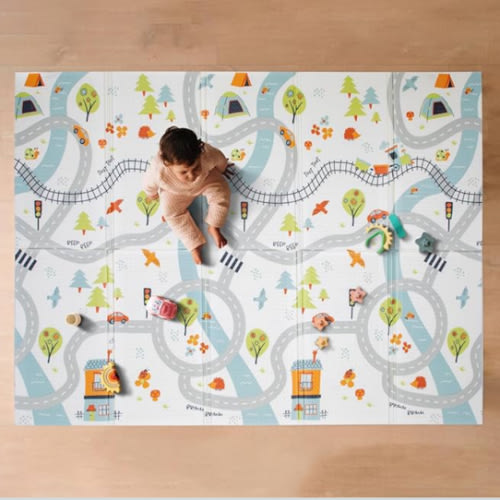 Nuby Reversible Baby Floor Mat, 77" x 58" - Foldable and Lightweight Baby Play Mat for Floor - Easy Storage and Travel - Car Tracks