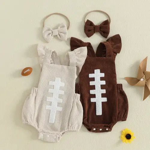 Infant Ruffle Sleeveless Football Embroidery Rompe - 6-12 months