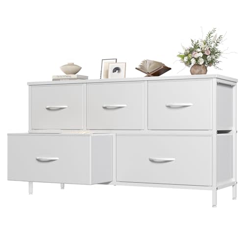 OLIXIS White Dresser for Bedroom, Wide Chest of Drawers for Clothes Storage | Fabric Bedroom Dresser with 5 Drawers, Storage Organizer Unit with Fabric Bins, Wooden Top, Living Room