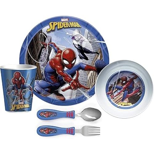 Zak Designs 5-Piece Dinnerware Set, Marvel Spider-Man - Durable Plastic & Stainless Steel - Includes Tumbler, 8-Inch Plate, 6-Inch Bowl, Fork & Spoon - Suitable for Kids Ages 3+