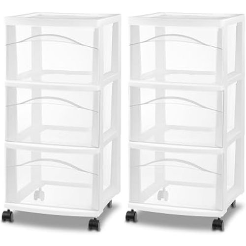 Sterilite 3-Drawer Cart with Wheels for Bedroom and Dresser, 2-Pack