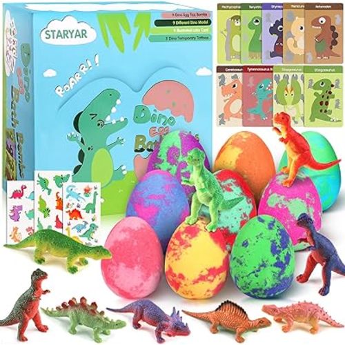 Bath Bombs for Kids with Surprise Toys Inside - 9 Pack Dinosaur Bath Bombs Gift Set, Dinosaur Toys for Kids 3 4 5 6 7 8 9 Years, Birthday Gifts for Kids, Bubble Bath Fizzes Bath Toy