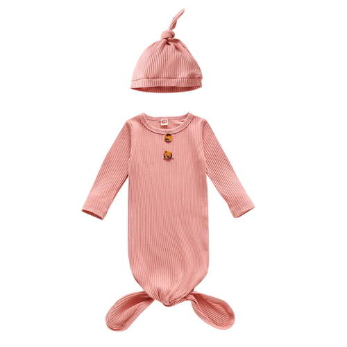 Ruyang New Born Baby Knotted Gown, Toddler Long Sleeve Sleeper Soft Romper with Mittens and Hat Set for Boyss Girls