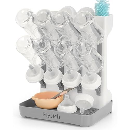 Baby Bottle Drying Rack, Space Saving Baby Bottle Organizer for Countertop, Vertical Bottle Dryer Holder with Brushes Holder, Large Bottle Storage Holder 12 Bottles & Baby Accessories Grey