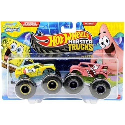 Hot Wheels Monster Trucks Demolition Doubles, Spongebo vs Patrick, 1:64 Scale Diecast Metal, 2-Pack