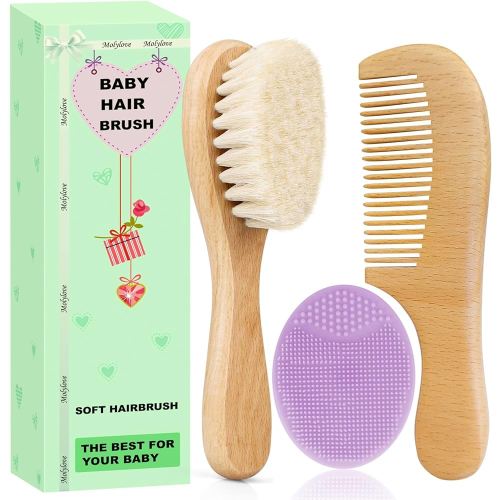 Baby Hair Brush and Comb Set for Newborns & Toddlers | Wooden Baby Brush Set with Soft Goat Bristles l Wood Comb l Purple Cradle Cap Brush| Ideal for Cradle Cap (3 Piece)