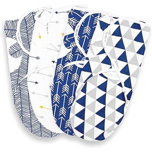 BaeBae Goods Swaddle Blanket, Adjustable Infant Baby Swaddling Wrap Set of 4, Baby Swaddling Wrap Blankets for Boys and Girls Made in Soft Cotton (Navy/Grey Triangles, 3-6 Months)