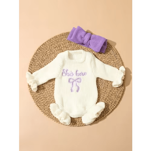 2 piece newborn embroidered bodysuit bow headband set baby - Temu